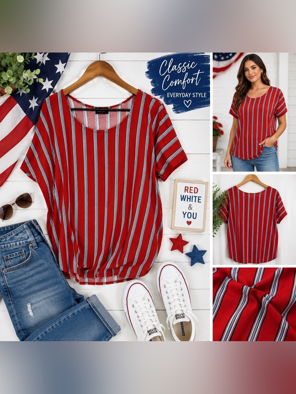 Star Vixen Red Vertical Stripe Short Sleeve Scoop Neck Top Women's Plus Size XL